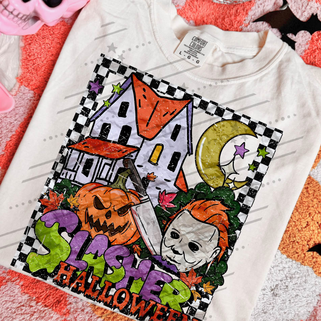 SLASHER HALLOWEEN CHECKER FRAME DISTRESSED PAPER - DTF TRANSFER