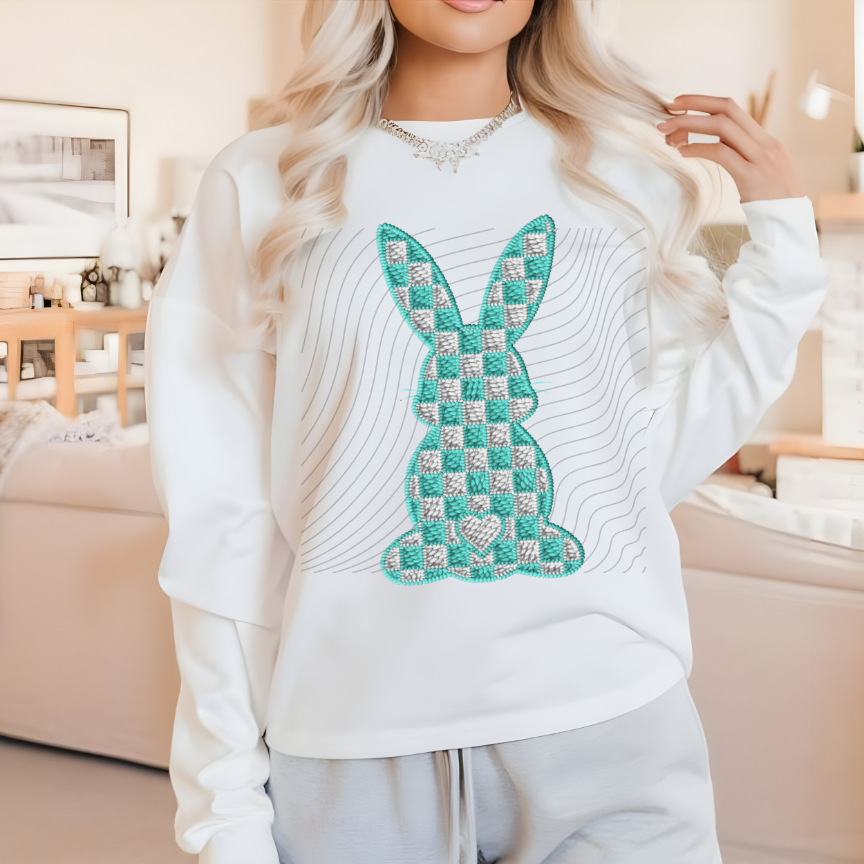 CHECKERED BUNNY FAUX EMBROIDERY - DTF TRANSFER