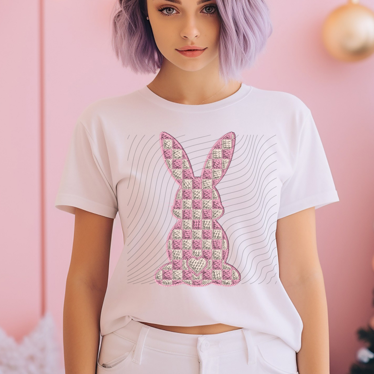 CHECKERED BUNNY FAUX EMBROIDERY - DTF TRANSFER