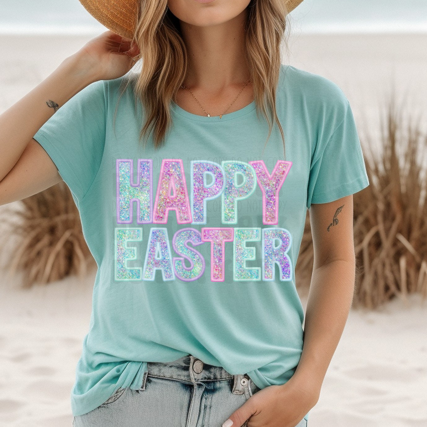 HAPPY EASTER LIGHT COLORED FAUX GLITTER - DTF TRANSFER