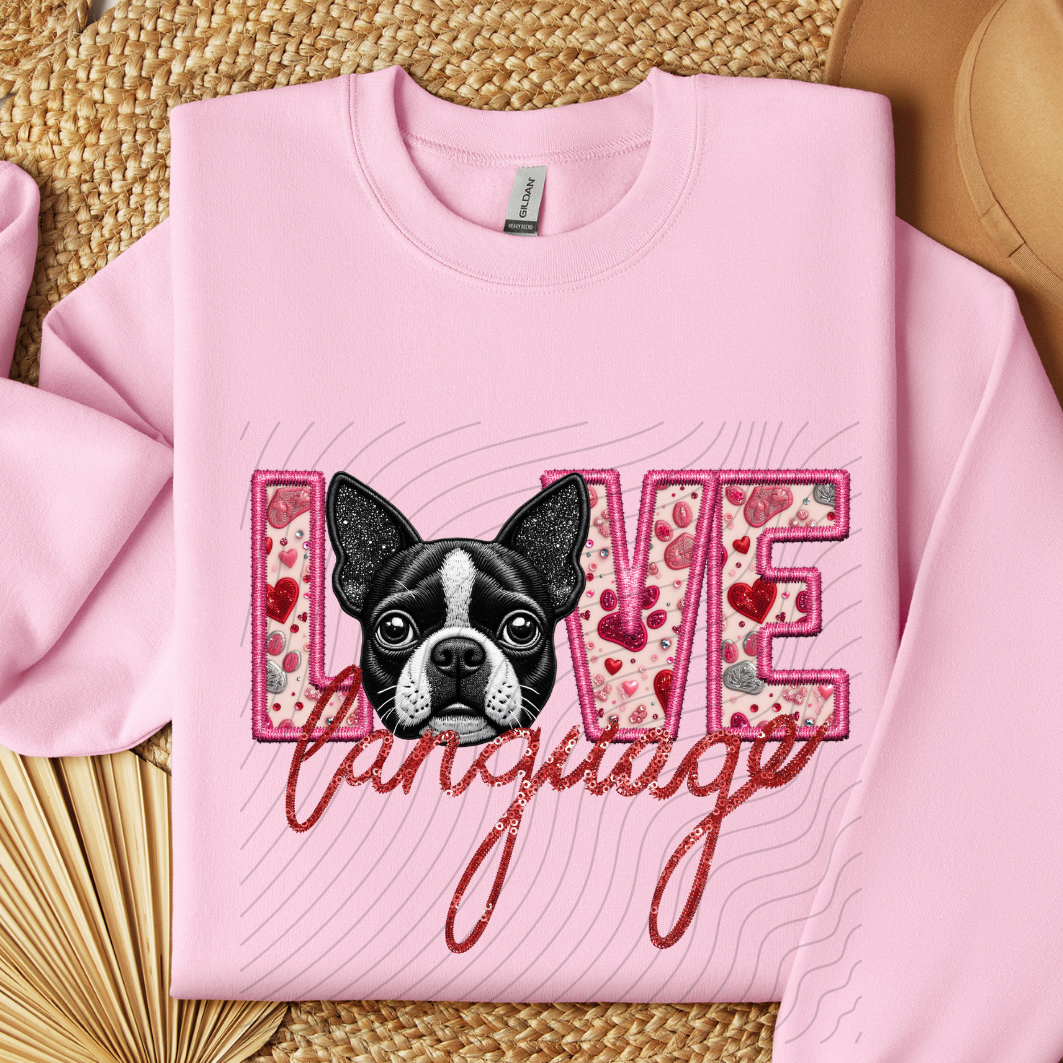BOSTON TERRIER, FAUX EMBROIDERY & FAUX SEQUINS - DTF TRANSFER