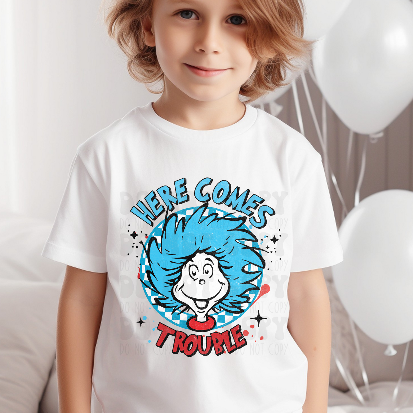 HERE COMES TROUBLE BOY DISTRESSED - DTF TRANSFER