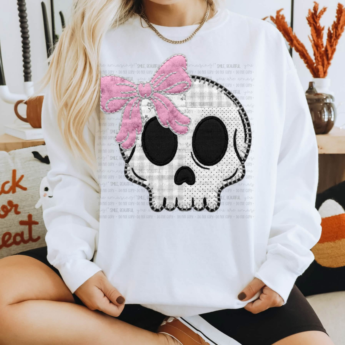 FAUX STITCH SKULL WITH BOW - DTF TRANSFER
