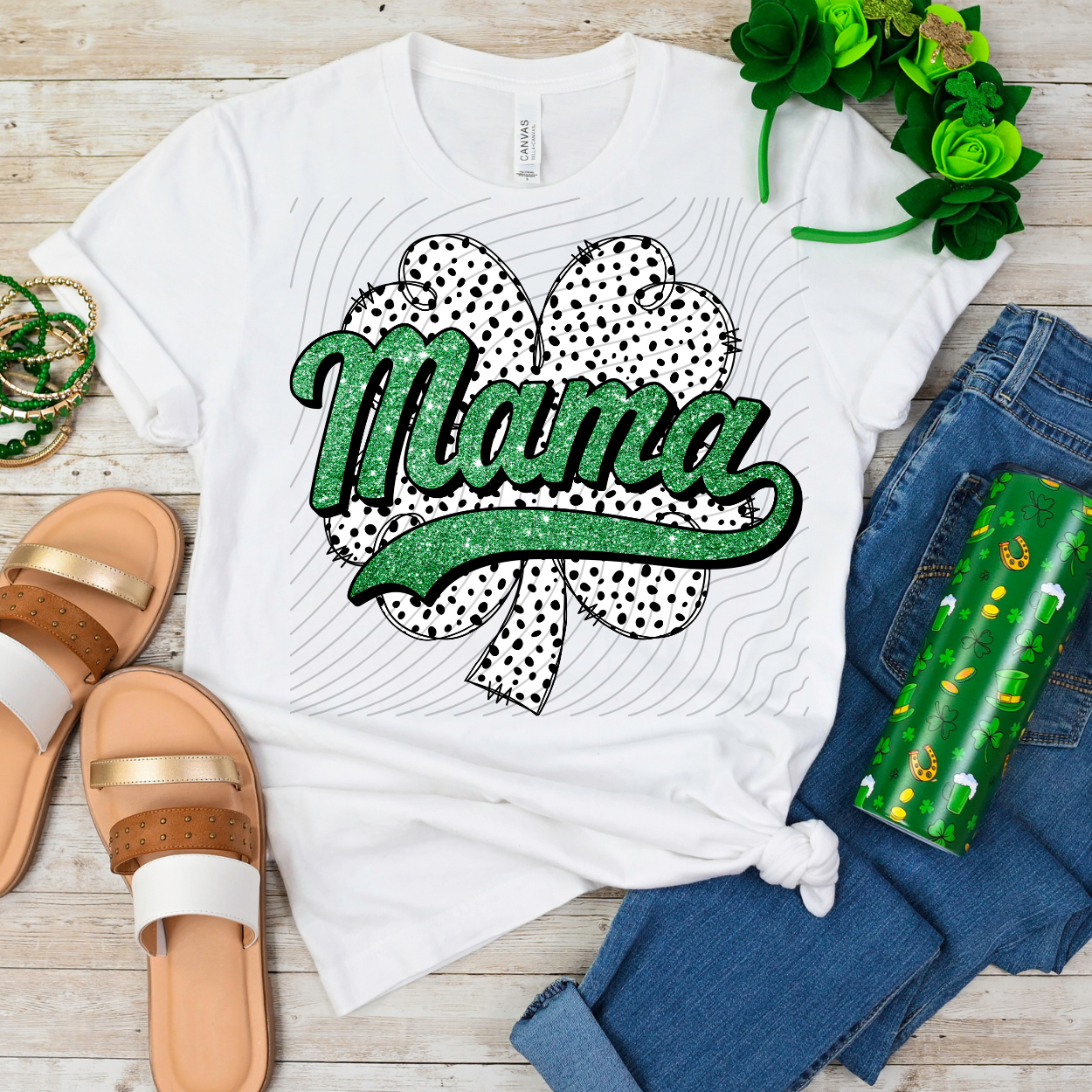 MAMA FAUX GLITTER POLKA DOT CLOVER - DTF TRANSFER