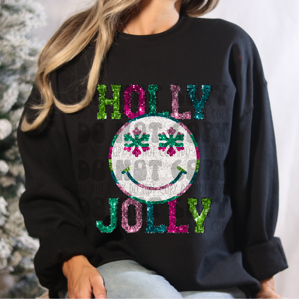 HOLLY JOLLY SMILEY - FAUX SEQUIN - DTF TRANSFER