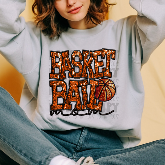 BASKETBALL MOM FAUX EMBROIDERY & FAUX SEQUINS BLACK LETTERS - DTF TRANSFER