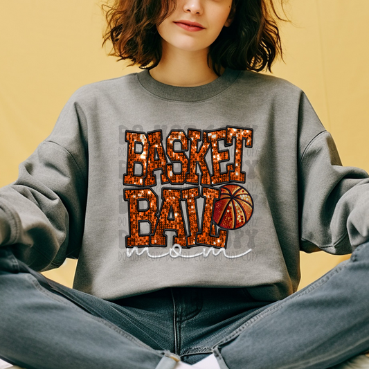 BASKETBALL MOM WHITE LETTERS - FAUX EMBROIDERY & FAUX SEQUINS - DTF TRANSFER