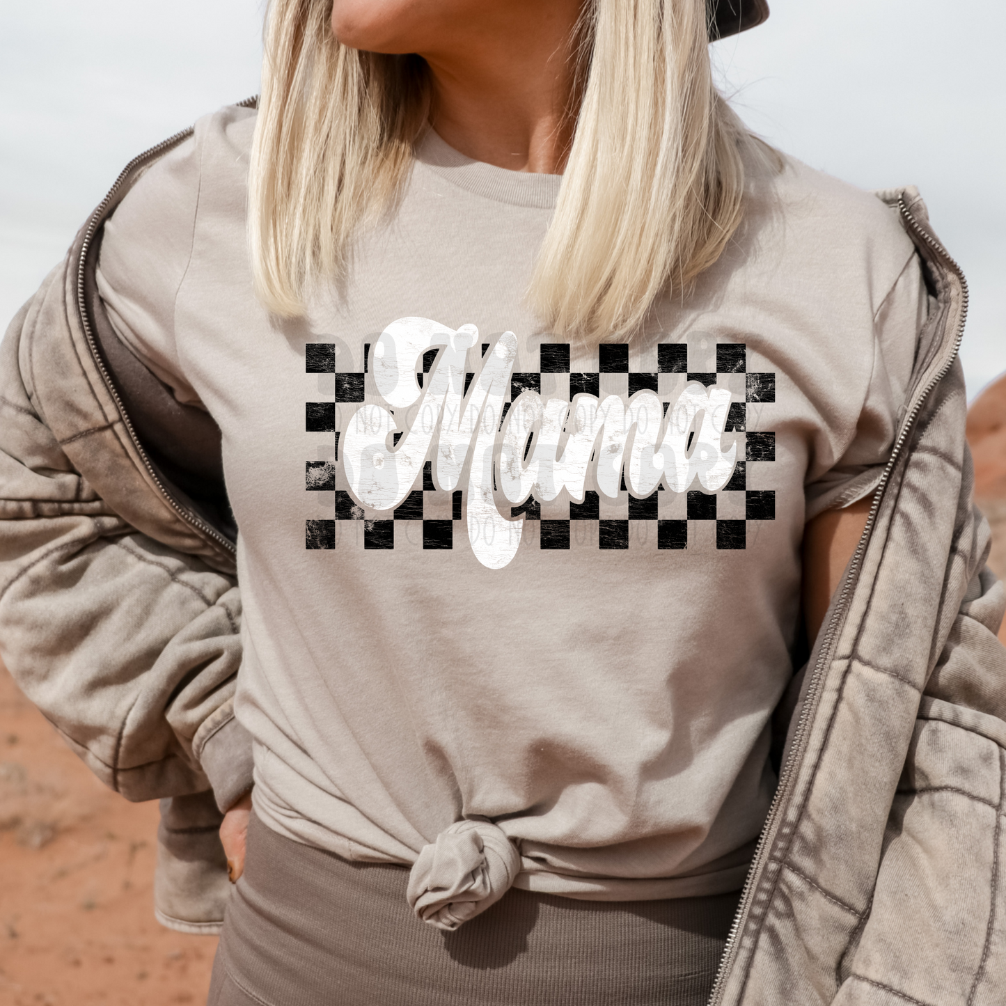 MAMA WHT W/ BLK CHECKERED BACKGROUND DISTRESSED - DTF TRANSFER