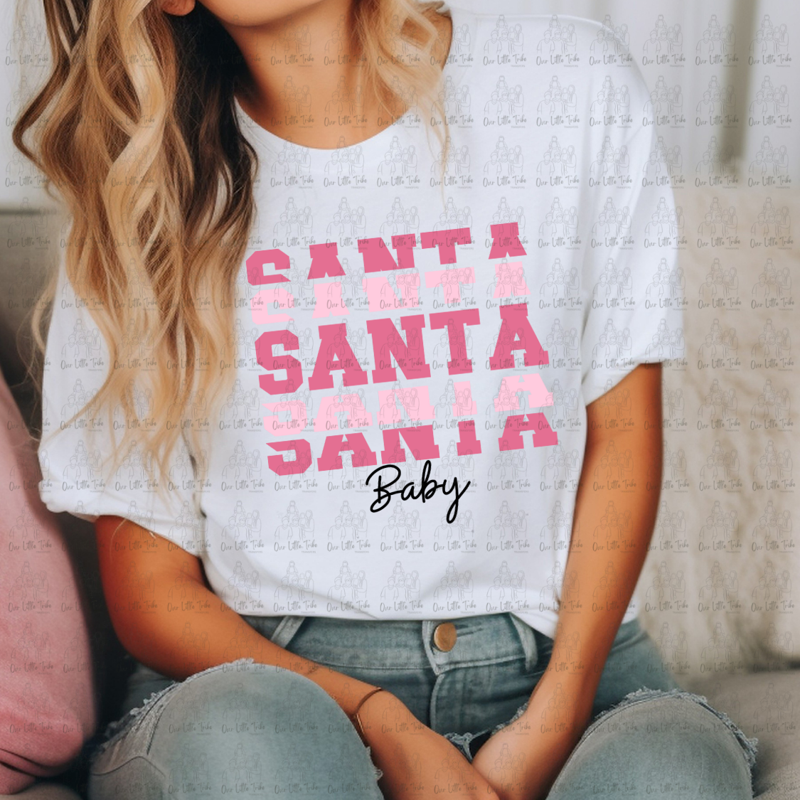 SANTA BABY STACKED VARSITY PINK W/BLACK - DTF TRANSFER