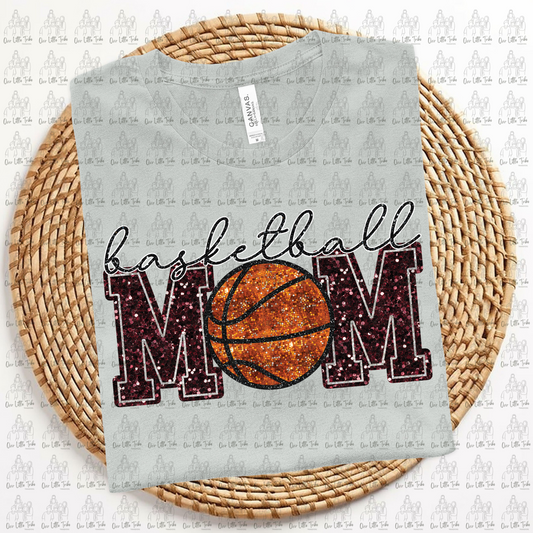BASKETBALL MOM - MAROON -  FAUX SEQUINS - DTF TRANSFER