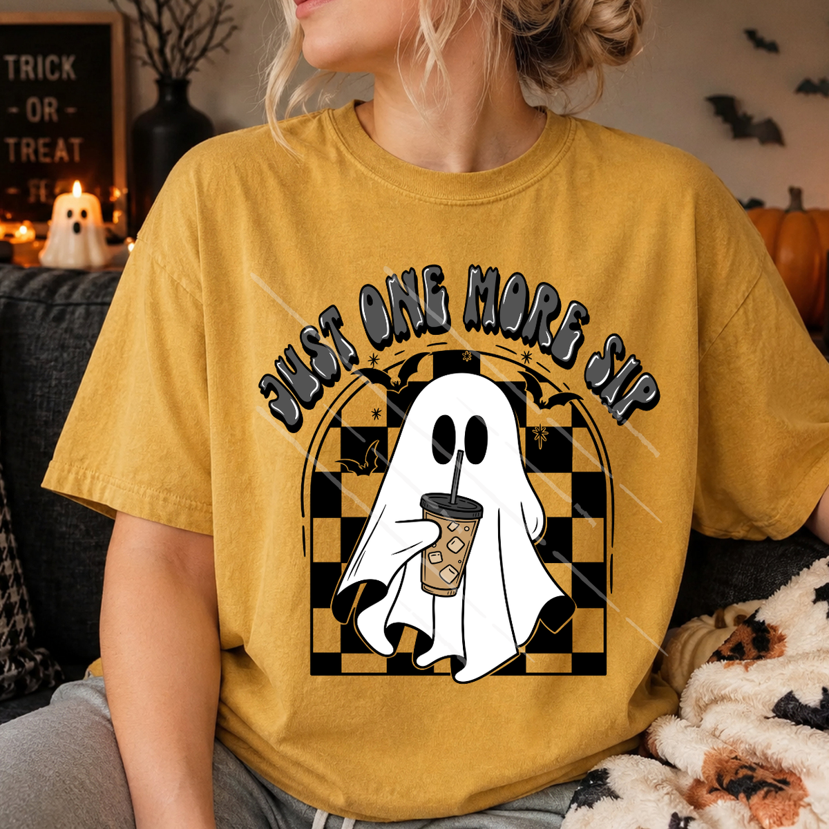 ONE MORE SIP COFFE, CHECKER BACKGROUND - DTF TRANSFER