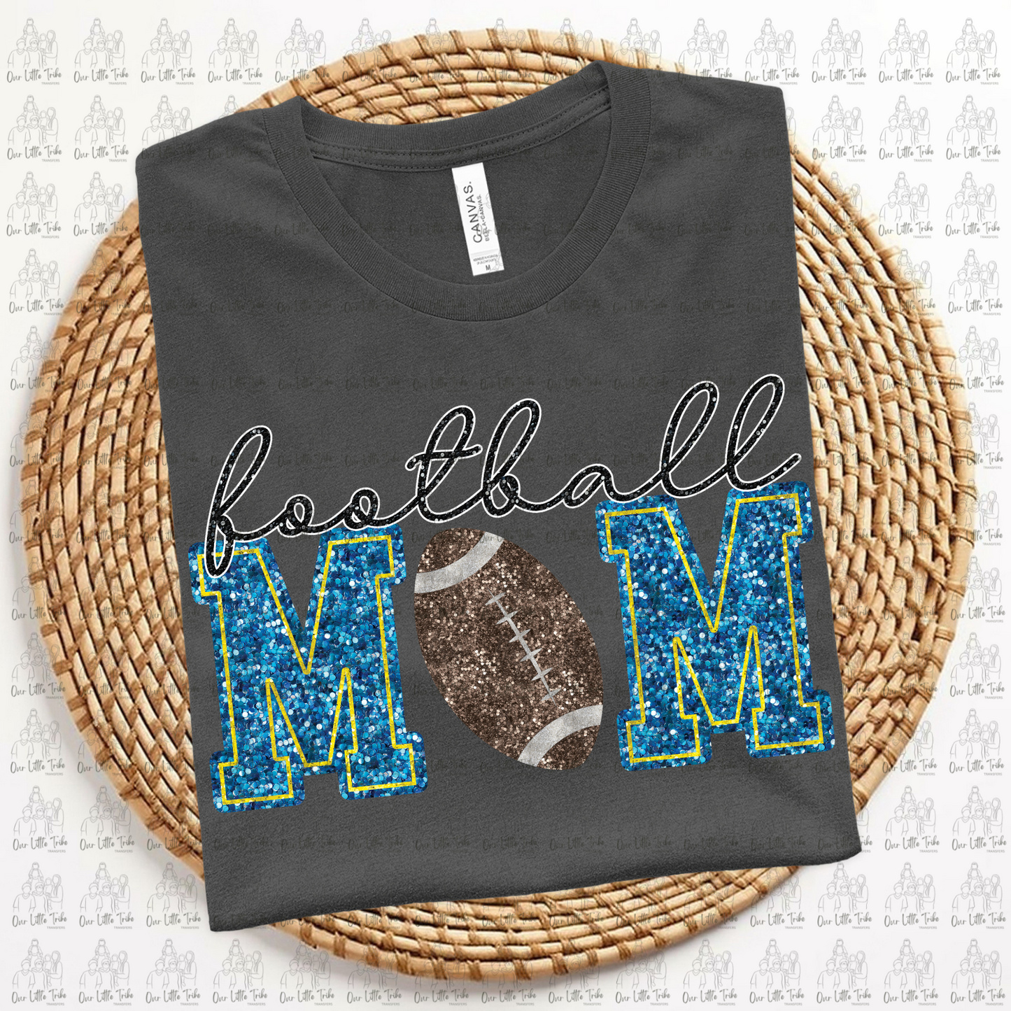 FOOTBALL MOM - BLUE W/ YELLOW DARKER BALL - FAUX SEQUINS - DTF TRANSFER