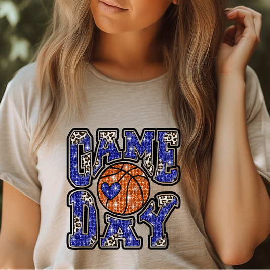 BLUE FAUX GLITTER GAME DAY BASKETBALL - DTF TRANSFER