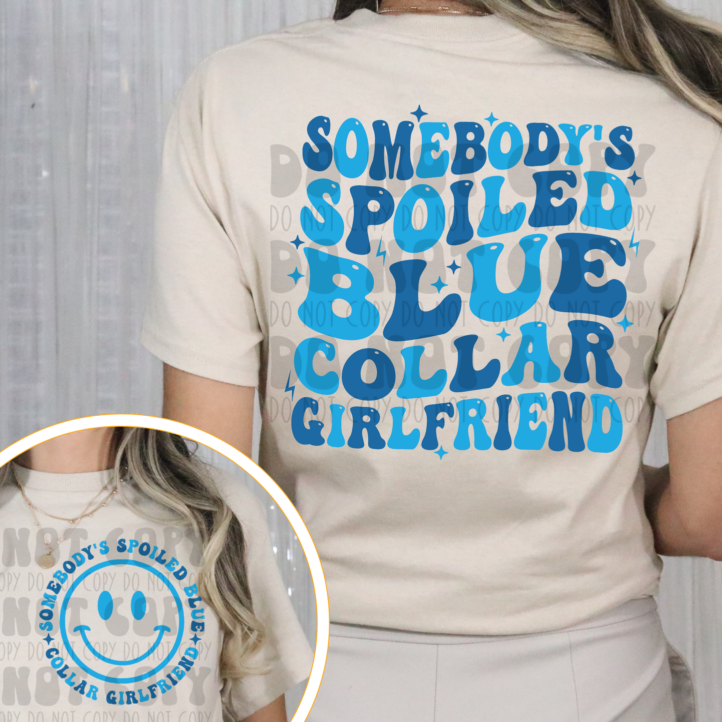SPOILED BLUE COLLAR GIRLFRIEND BLUE W/SMILEY POCKET - DTF TRANSFER
