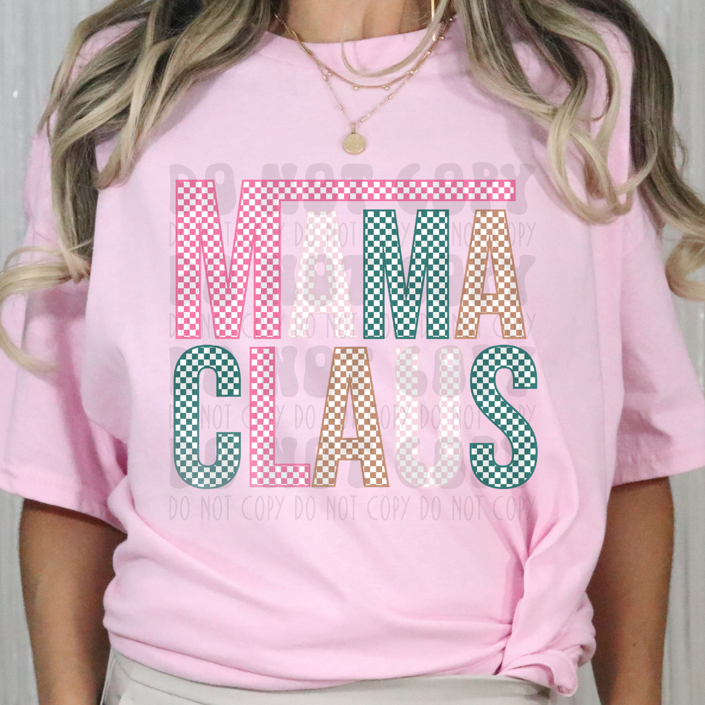 MAMA CLAUS PINK/GREEN/TAN CHECKERED W/WHITE - DTF TRANSFER