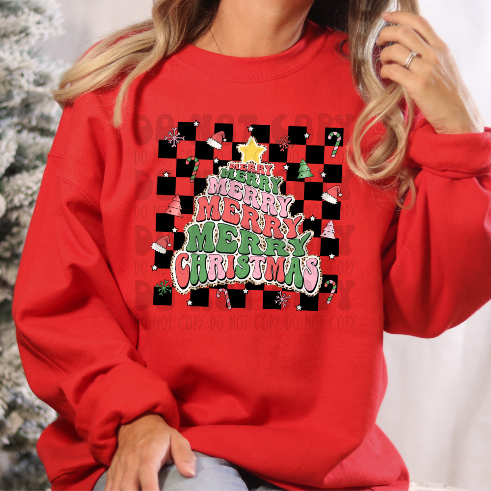 MERRY CHRISTMAS STACKED TREE W/ BACKGROUND & HATS/TREES - DTF TRANSFER