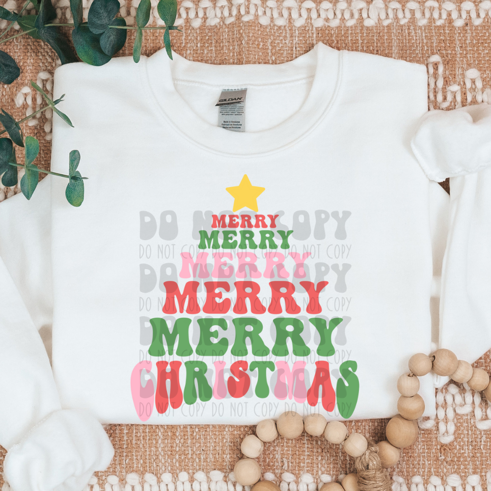 MERRY CHRISTMAS STACKED TREE RED/GREEN/PINK - DTF TRANSFER