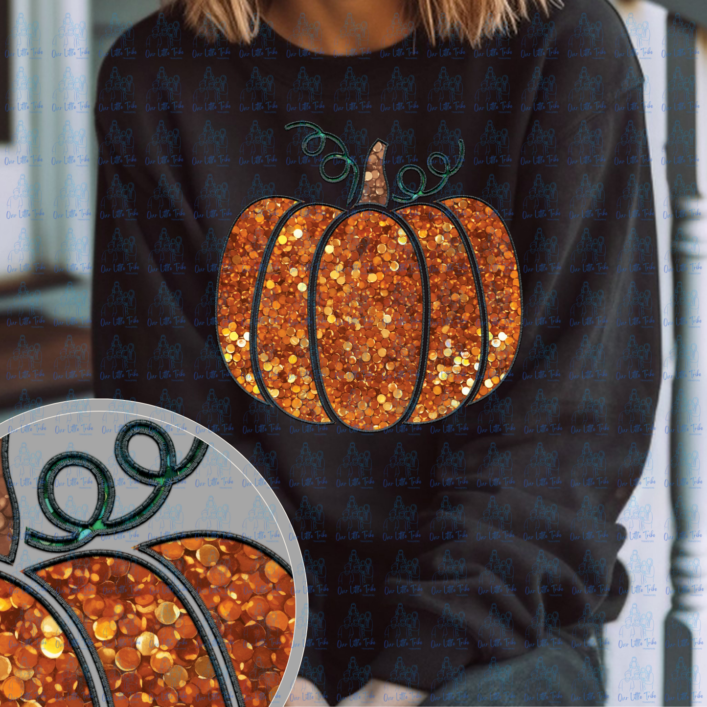 ORANGE PUMPKIN - FAUX EMBROIDERY & FAUX SEQUINS - DTF TRANSFER