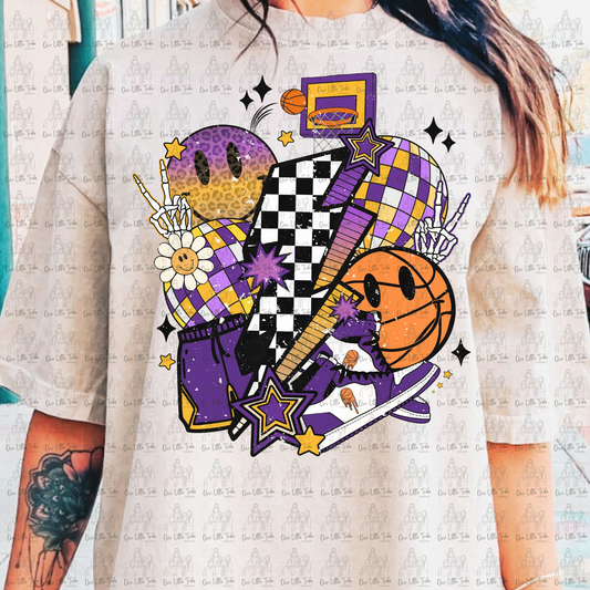 PURPLE BASKETBALL BOLT COLLAGE - DISTRESSED - DTF TRANSFER
