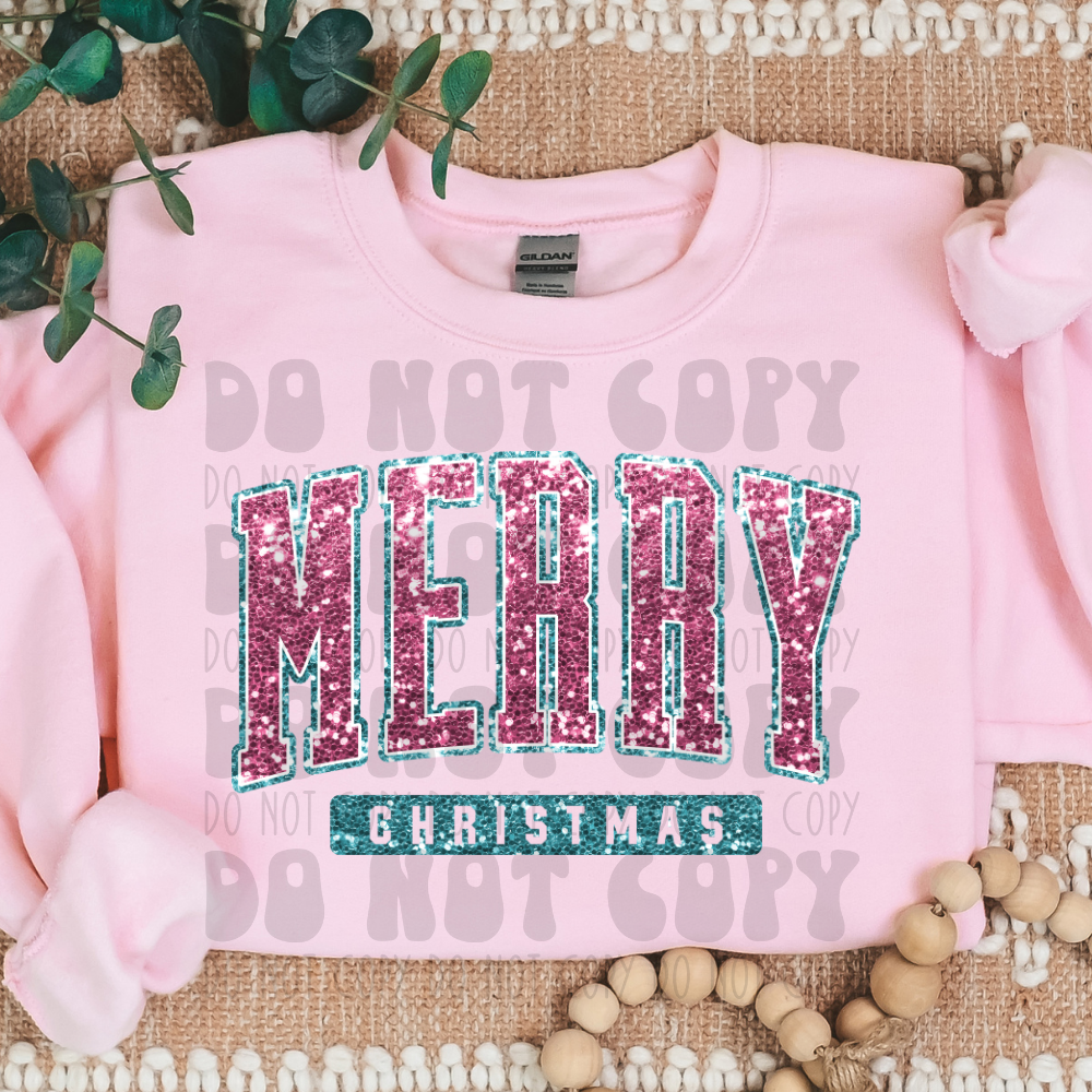 MERRY CHRISTMAS PINK/TEAL FAUX GLITTER - DTF TRANSFER