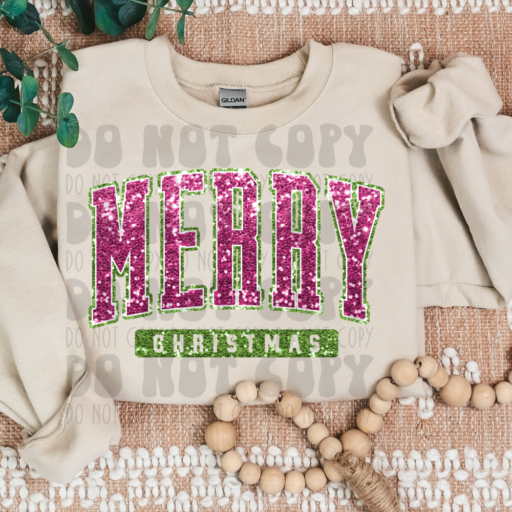 MERRY CHRISTMAS PINK/GREEN FAUX GLITTER - DTF TRANSFER