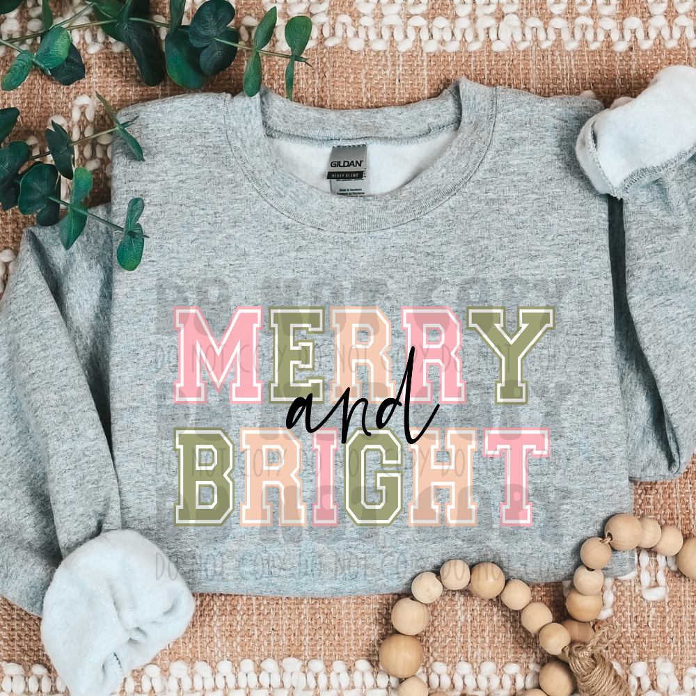 MERRY AND BRIGHT VARSITY GREEN/PINK - DTF TRANSFER