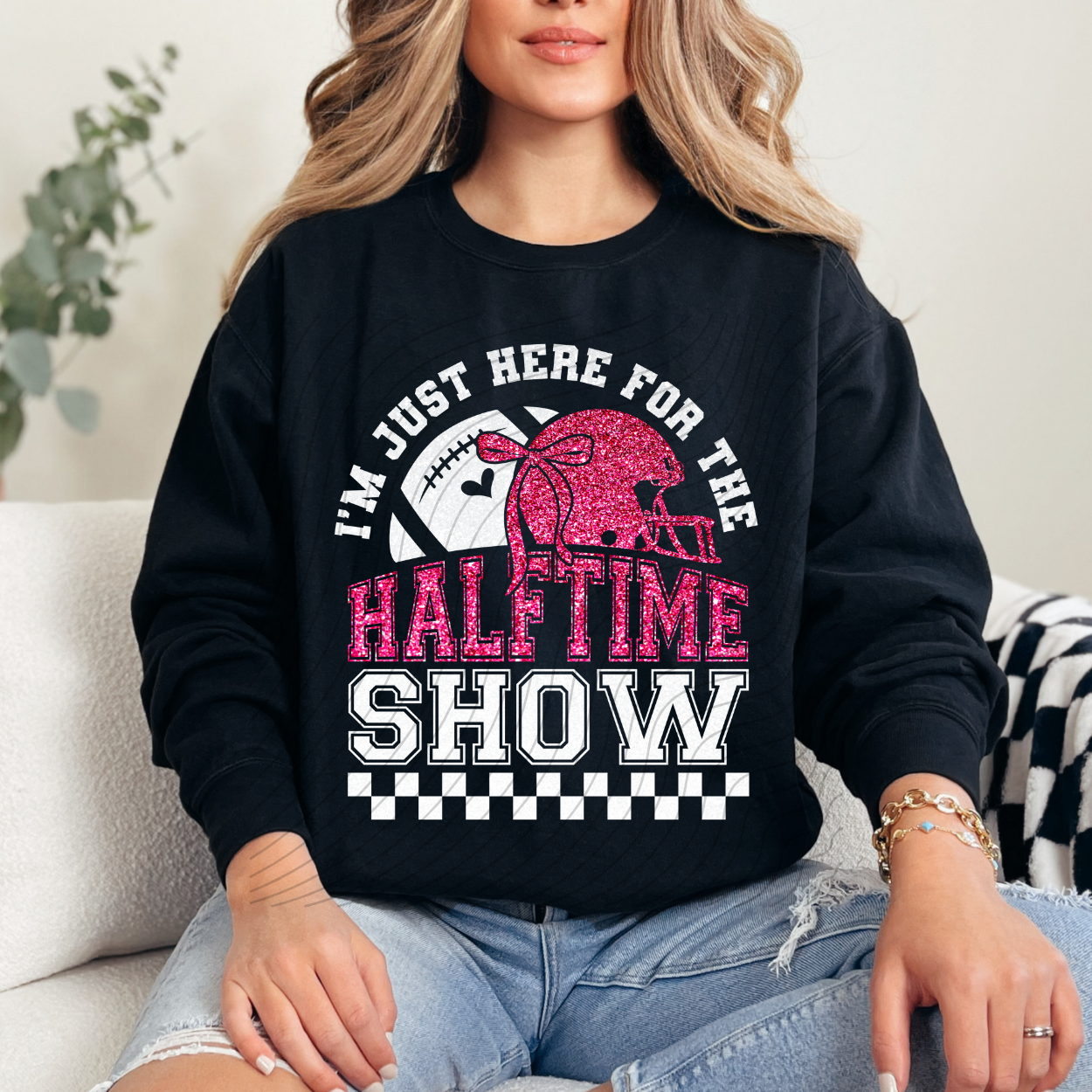 FOOTBALL SHOW WHT/PINK FAUX GLITTER - DTF TRANSFER