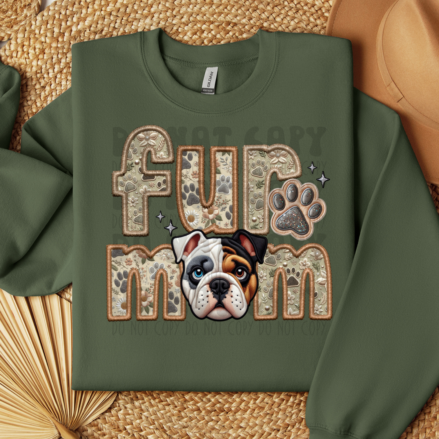 FUR MOM, BULLDOG, TRIBLEND - BLUE/BROWN EYE - FAUX EMBROIDERY - DTF TRANSFER