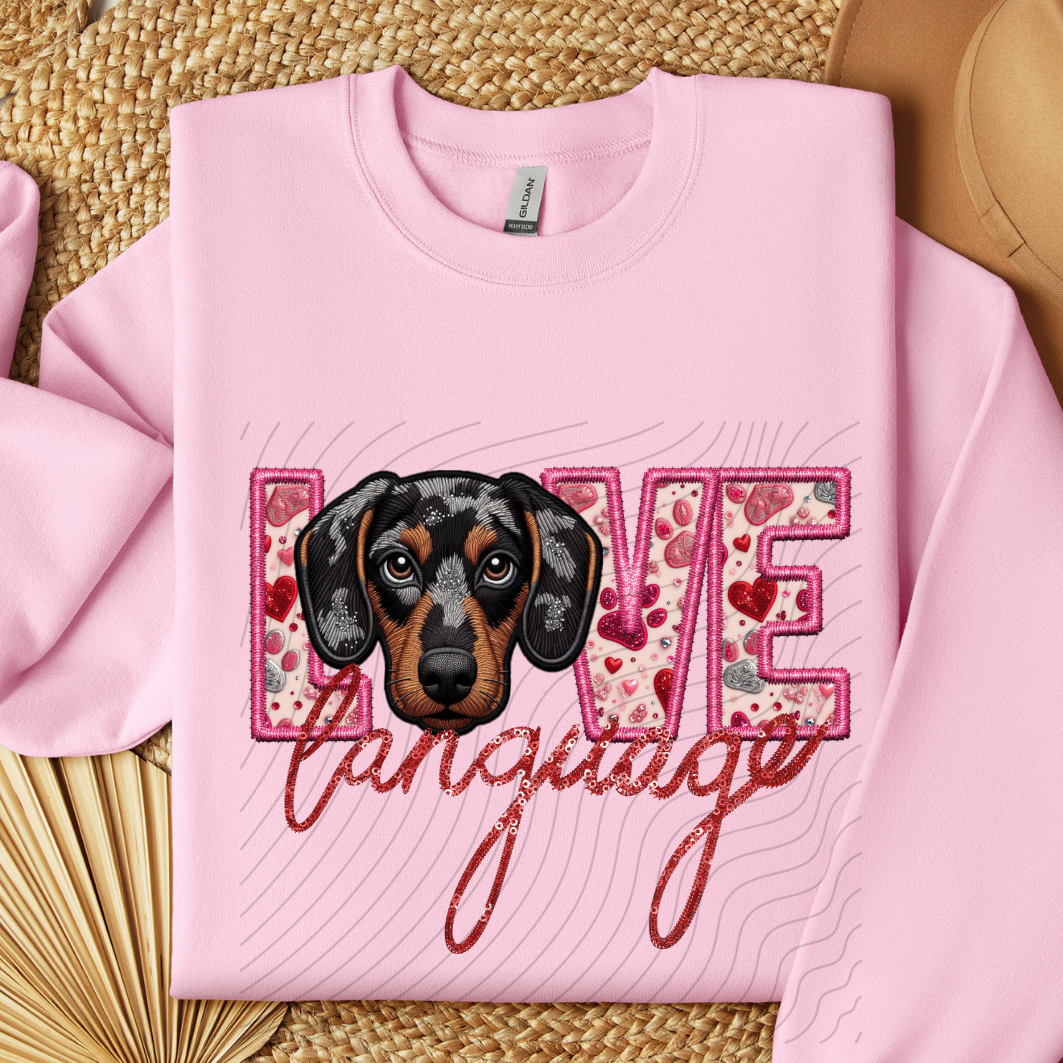 DACHSHUND - DAPPLED, FAUX EMBROIDERY & FAUX SEQUINS - DTF TRANSFER