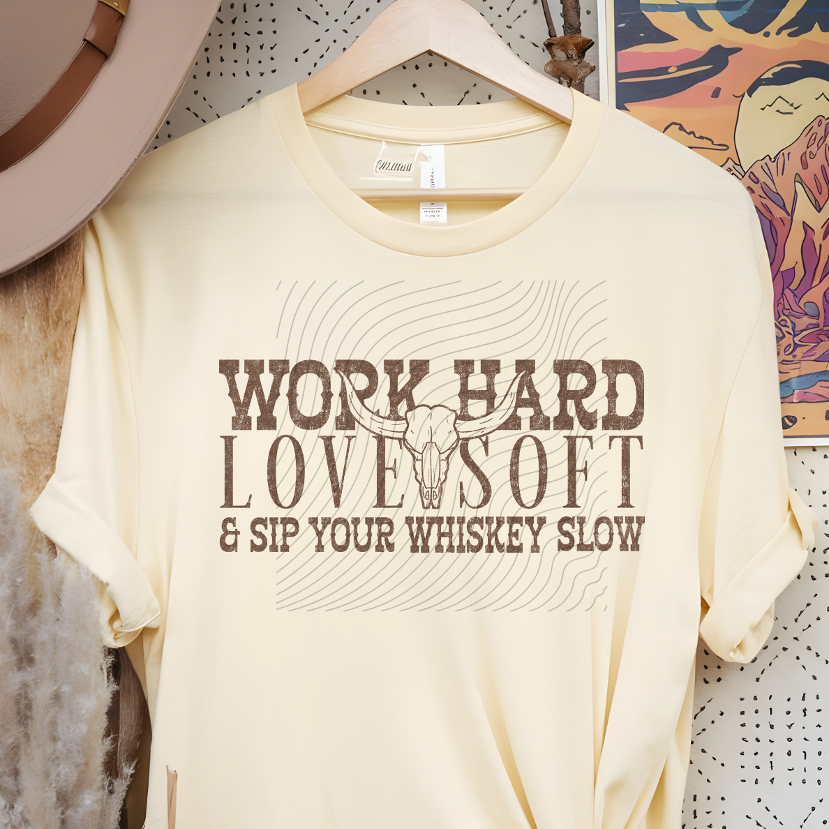 WORK HARD SKULL BROWN DISTRESSED - DTF TRANSFER