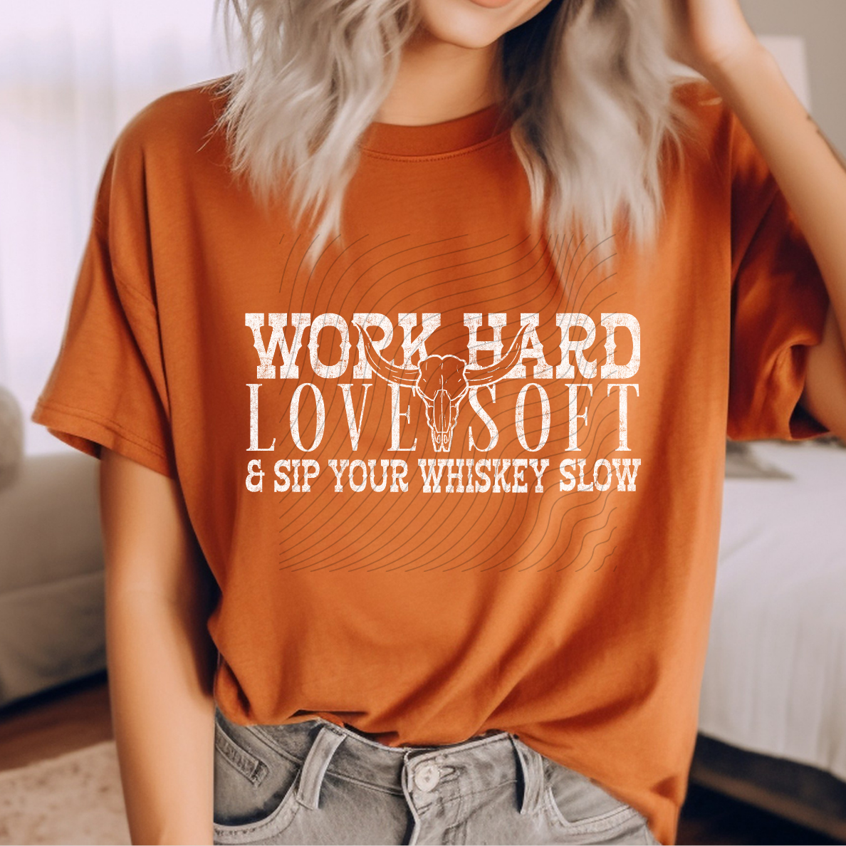WORK HARD SKULL WHITE DISTRESSED - DTF TRANSFER
