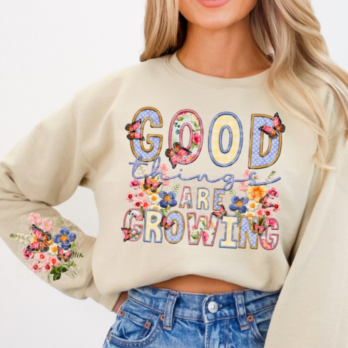 GOOD THINGS ARE GROWING W/ SLEEVE - FAUX EMBROIDERY - DTF TRANSFER