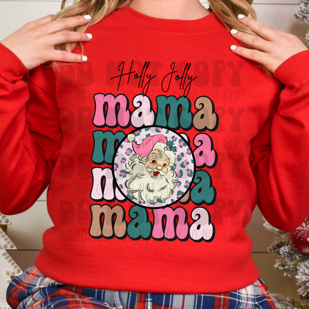 HOLLY JOLLY MAMA STACKED SANTA - PINK/TAN/GREEN - DTF TRANSFER