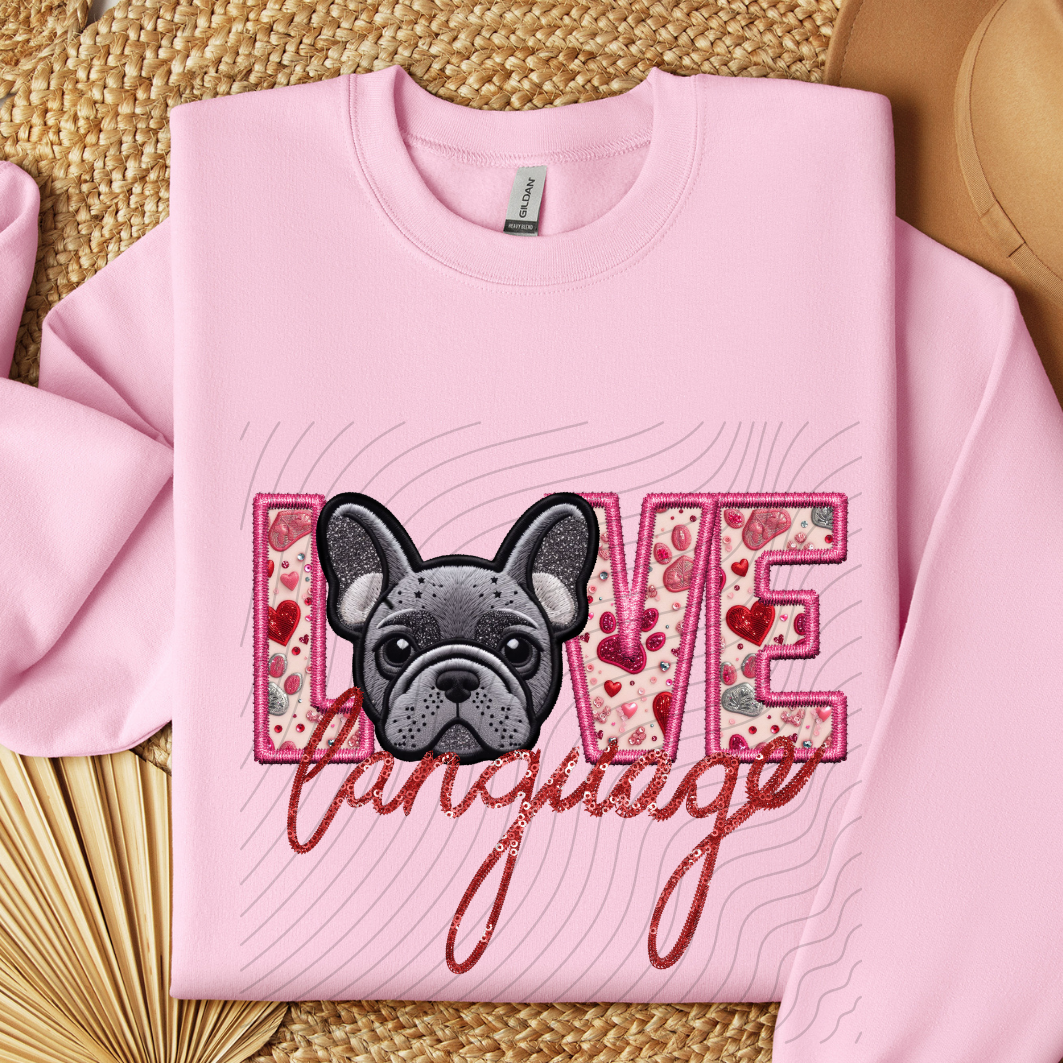 FRENCHIE- GREY, FAUX EMBROIDERY & FAUX SEQUINS - DTF TRANSFER