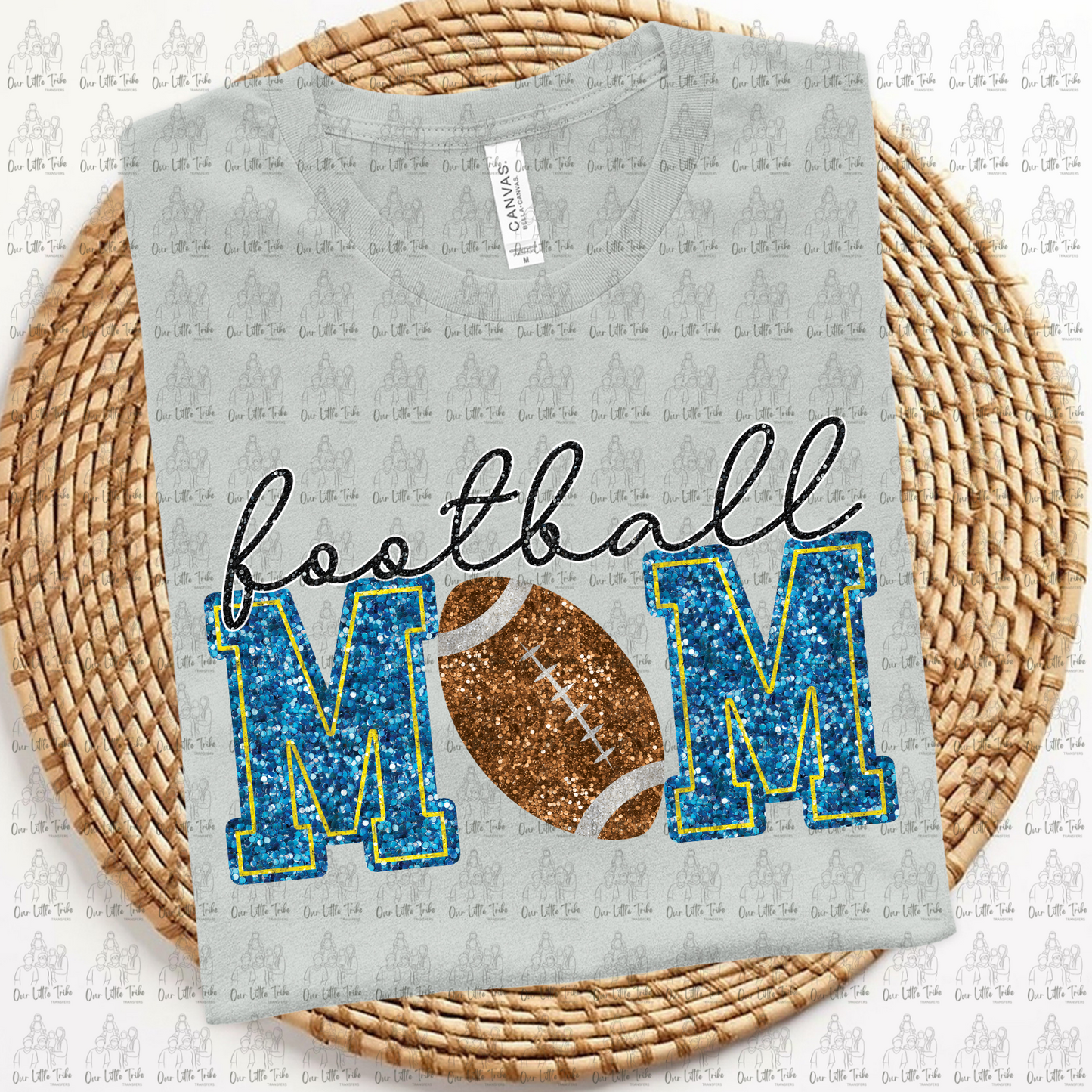 FOOTBALL MOM - BLUE W/ YELLOW LIGHTER BALL - FAUX SEQUINS - DTF TRANSFER
