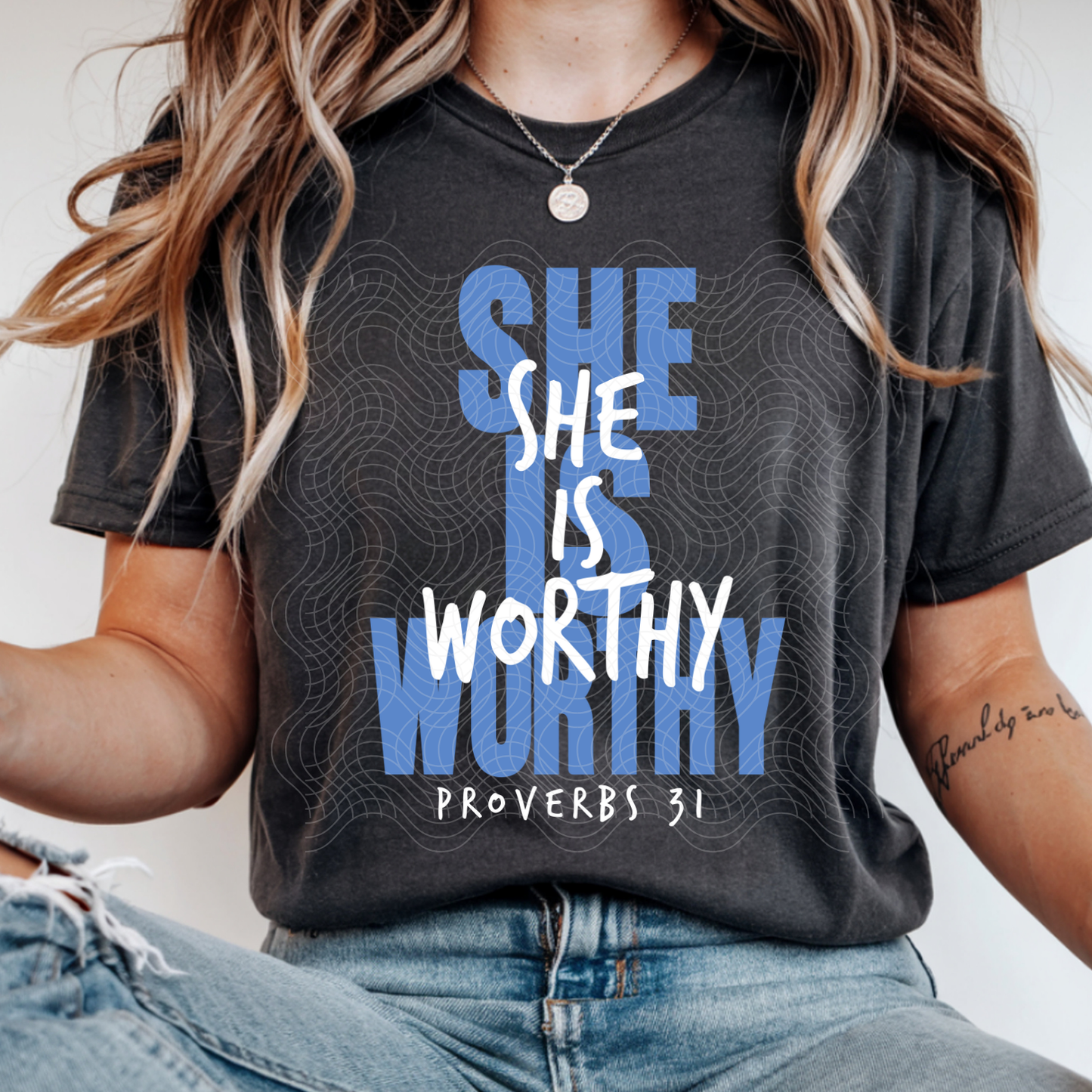 SHE IS WORTHY, BLUE/WHT - DTF TRANSFER
