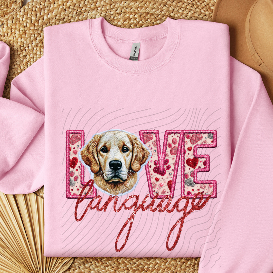 GOLDEN RETRIEVER, FAUX EMBROIDERY & FAUX SEQUINS - DTF TRANSFER