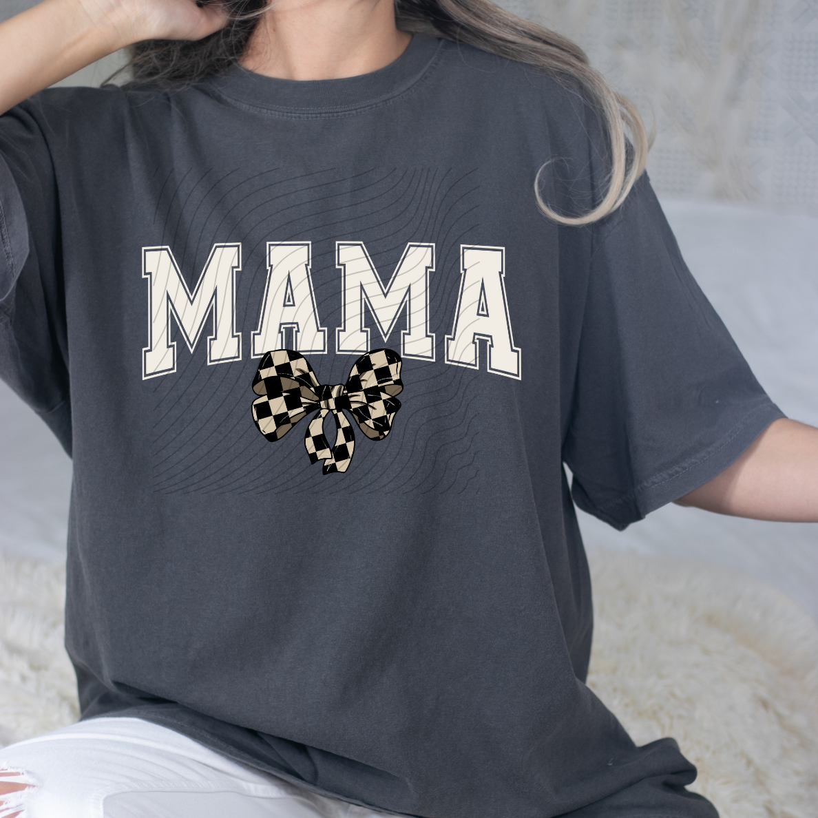 MAMA WHT CHECKERED BOW - DTF TRANSFER