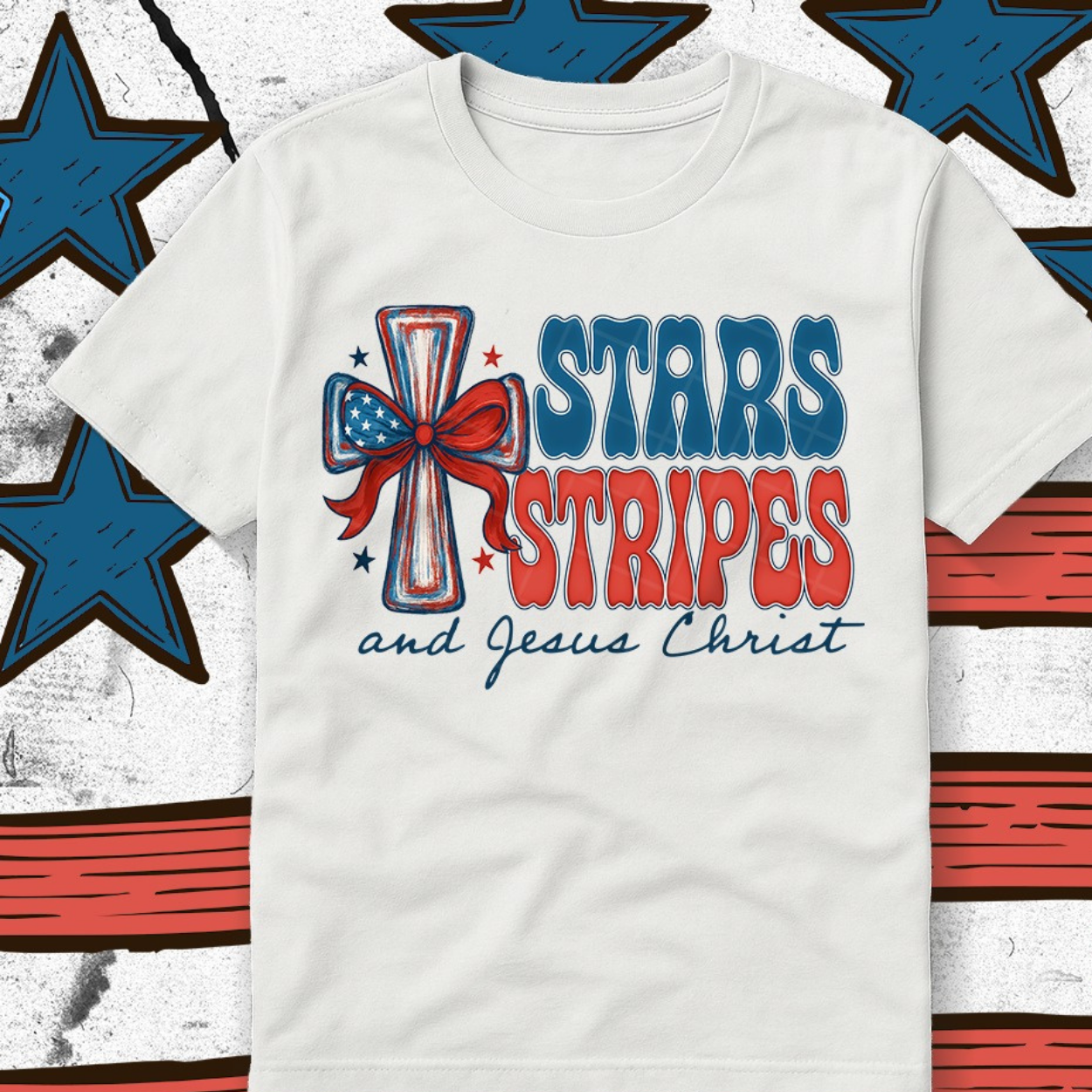 STARS STRIPES JESUS CHRIST BLUE TEXT - DTF TRANSFER