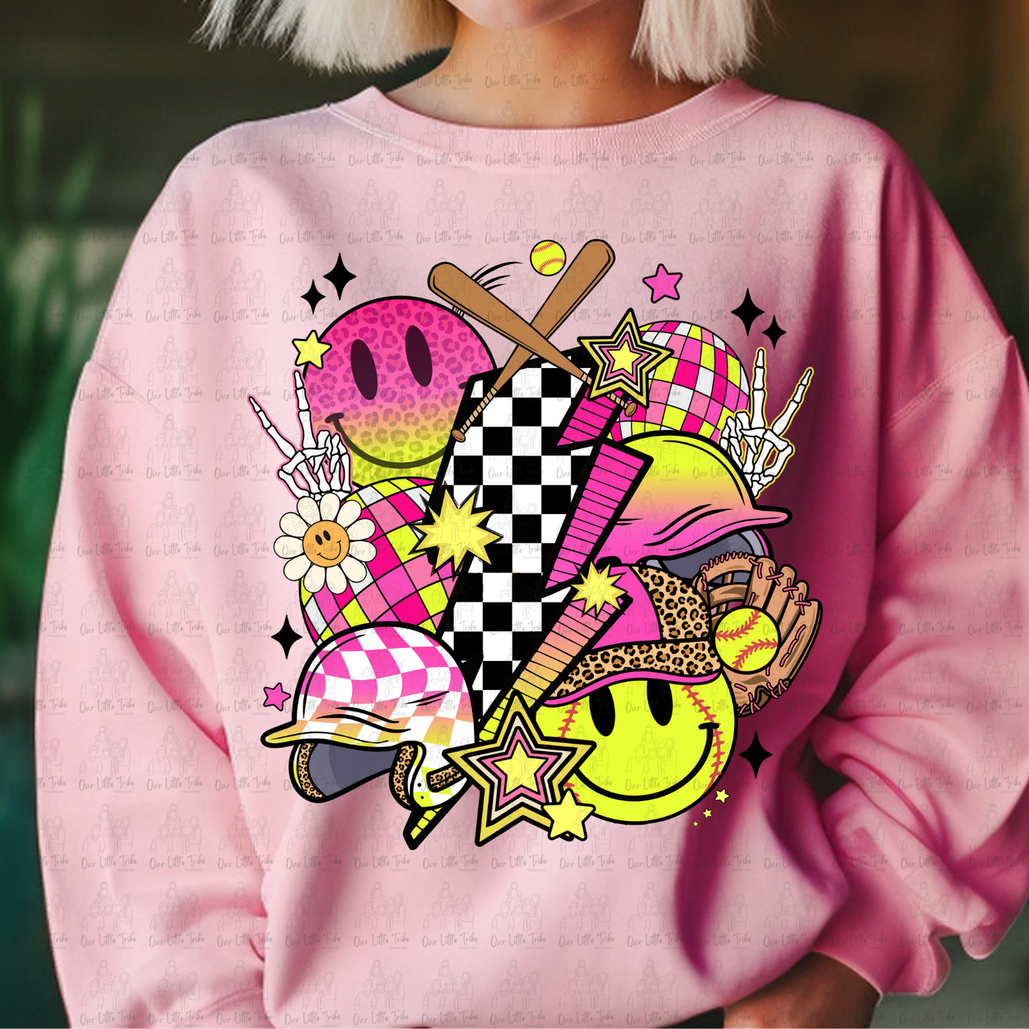 PINK SOFTBALL BOLT COLLAGE - NO GRUNGE - DTF TRANSFER