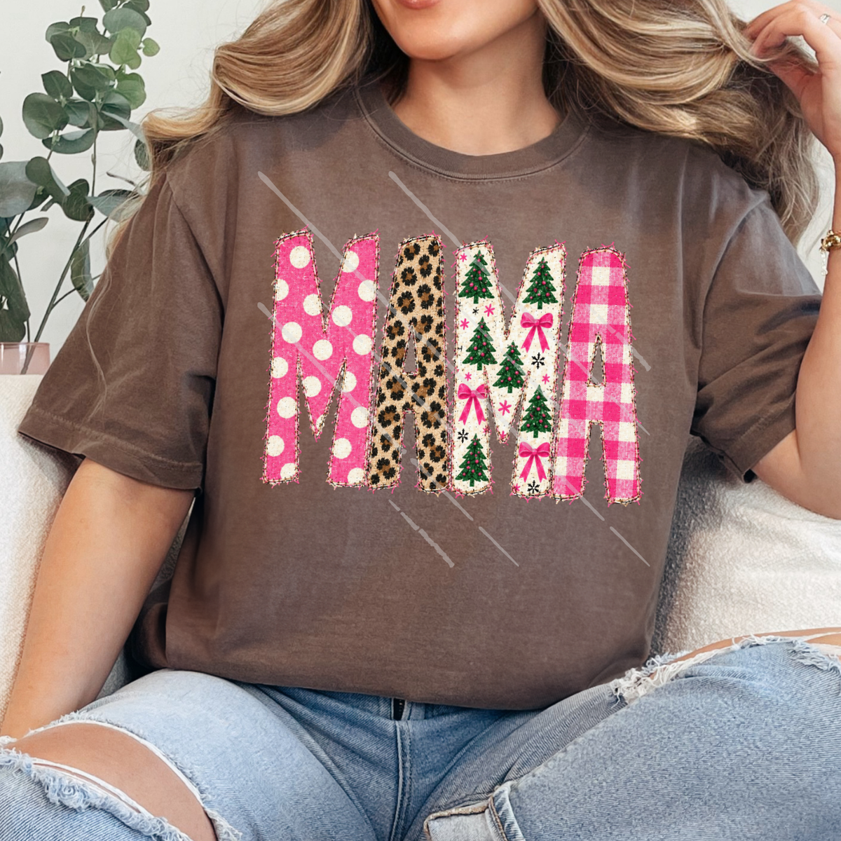 MAMA PINK CHRISTMAS FAUX EMBROIDERY - DTF TRANSFER