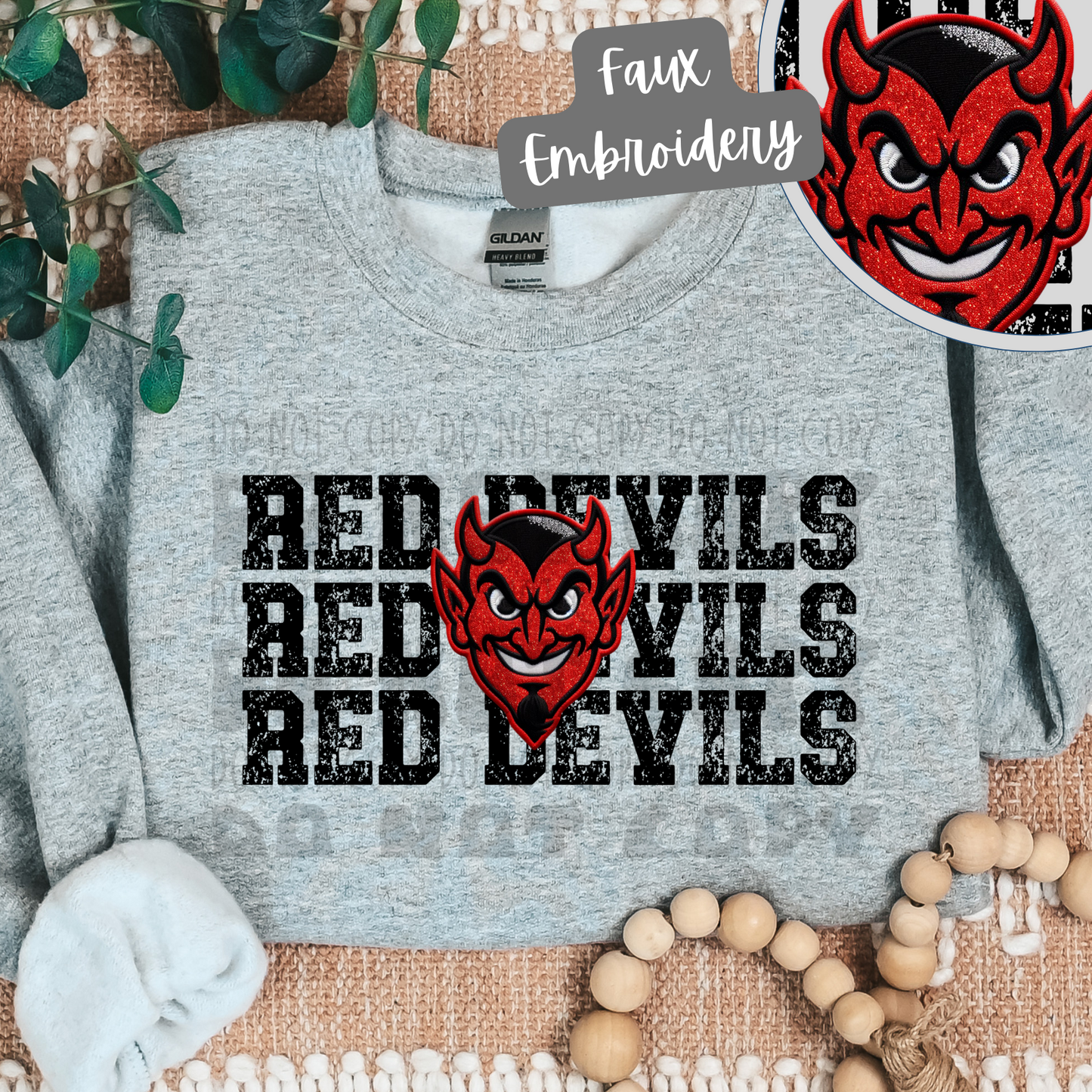 RED DEVILS STACKED FAUX EMBROIDERY - DTF TRANSFER