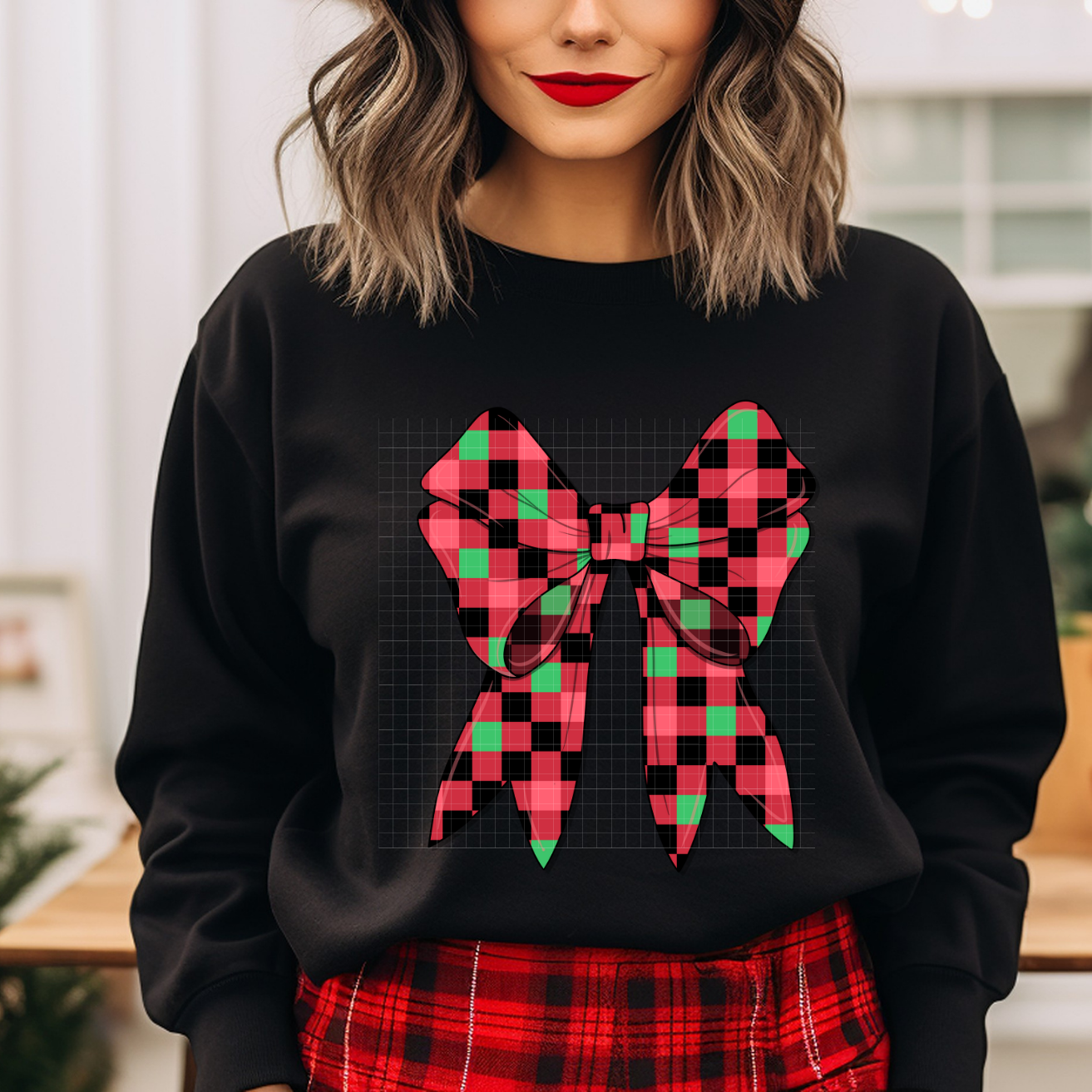 RED/GREEN/BLK CHECKER BOW - DTF TRANSFER