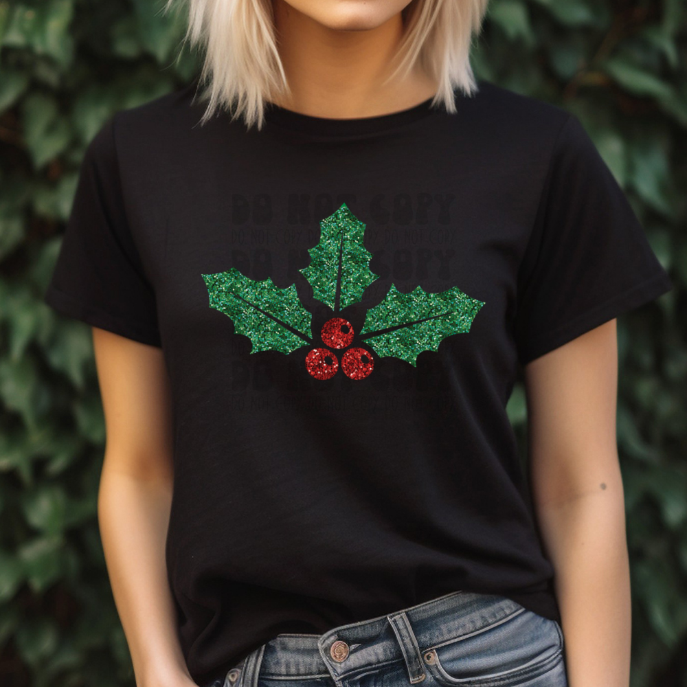 HOLLY LEAVES - FAUX GLITTER - DTF TRANSFER