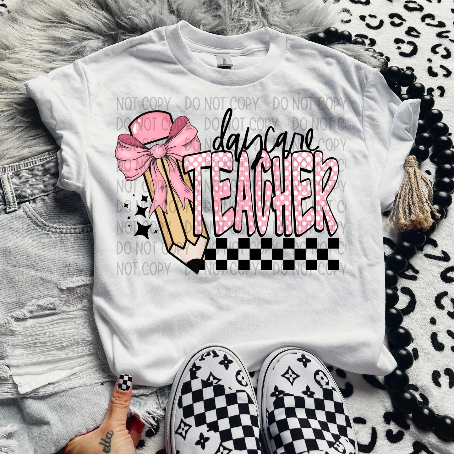 DAYCARE TEACHER POLKA DOTS/CHECKERED PENCIL - DTF TRANSFER