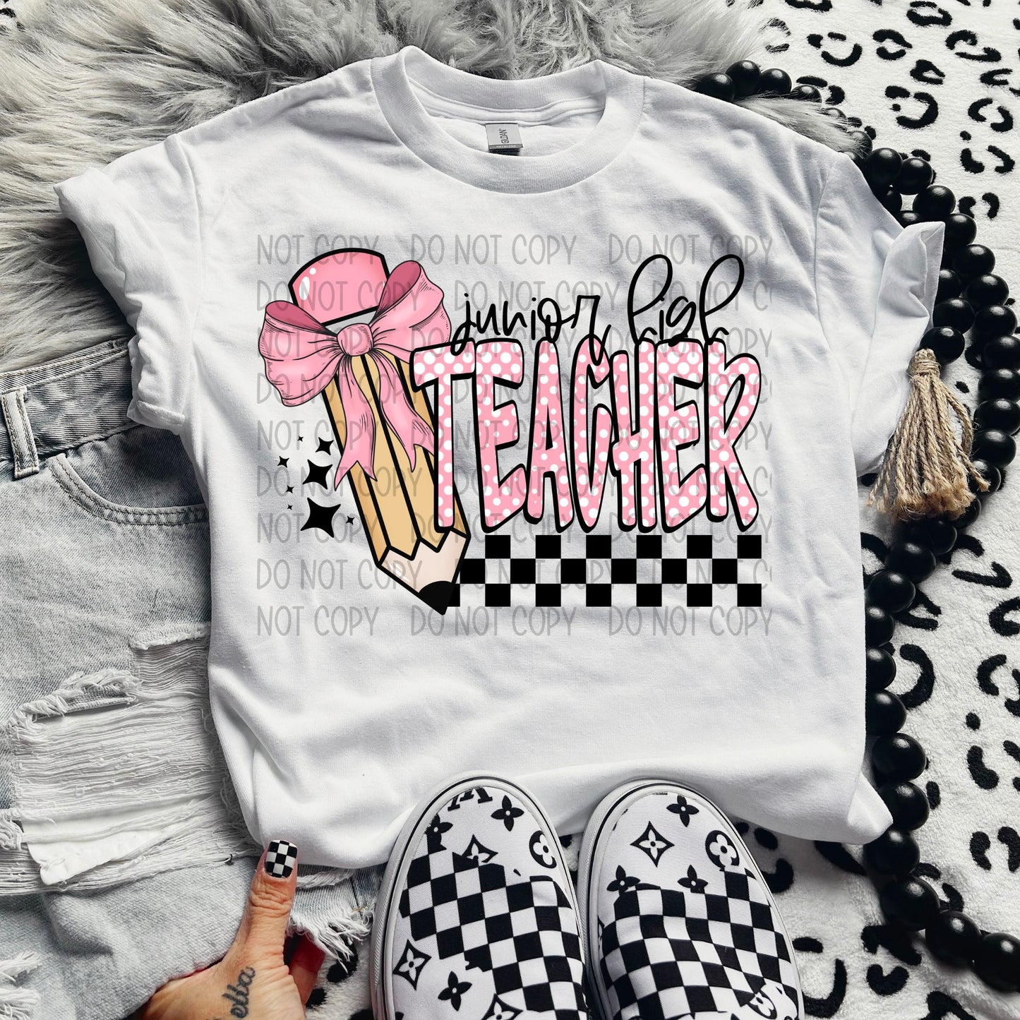 JUNIOR HIGH TEACHER POLKA DOTS/CHECKERED PENCIL - DTF TRANSFER