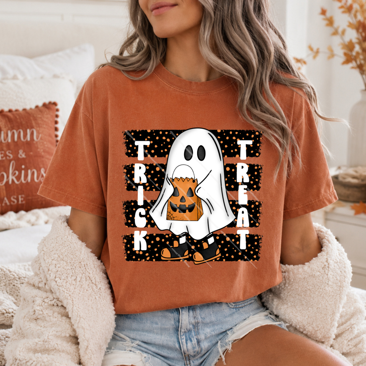 TRICK TREAT GHOST BLK STRIPES - DTF TRANSFER
