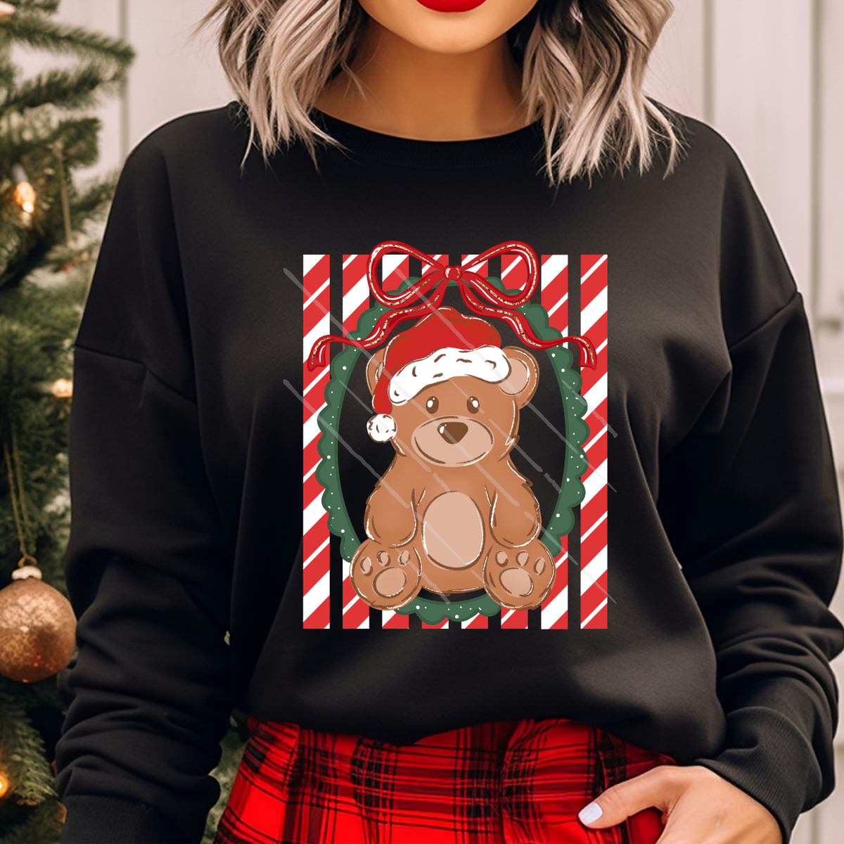 CHRISTMAS BEAR FRAME CANDY CANE STRIPES - DTF TRANSFER