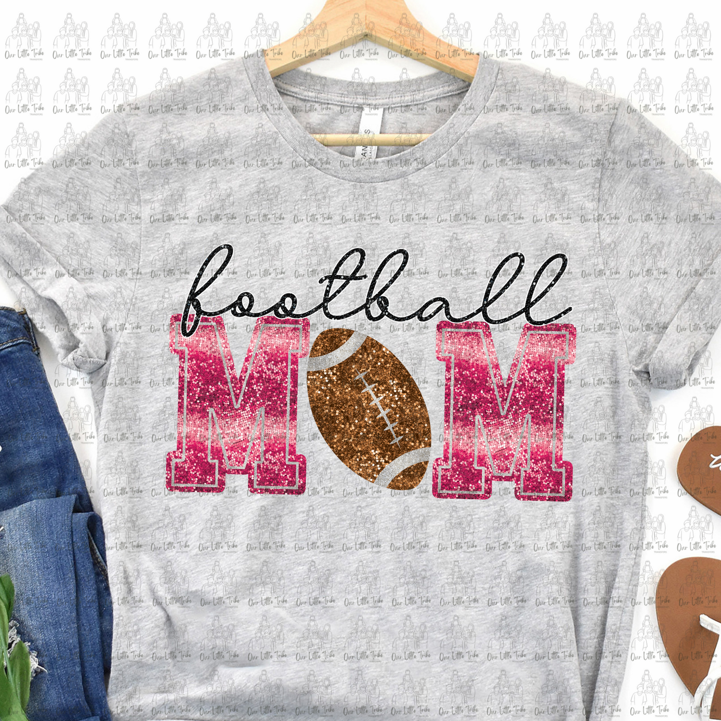 FOOTBALL MOM - PINK W/ LIGHTER BALL - FAUX SEQUINS - DTF TRANSFER