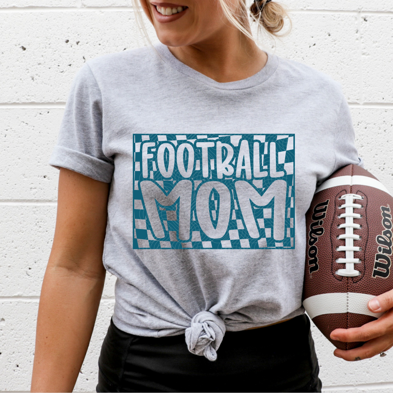 CHECKERED FOOTBALL MOM TEAL BLUE - DTF TRANSFER
